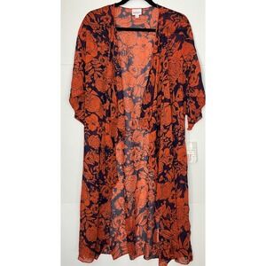 Lularoe‎ Women's Shirley Kimono Medium Red Blue Rose Floral Sheer Coverup Robe